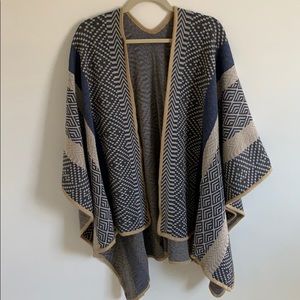Blue, tan and grey poncho with textile print